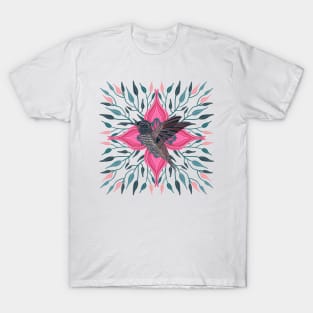 Hummingbird Vibrant Pink Flower and Leaves Design T-Shirt